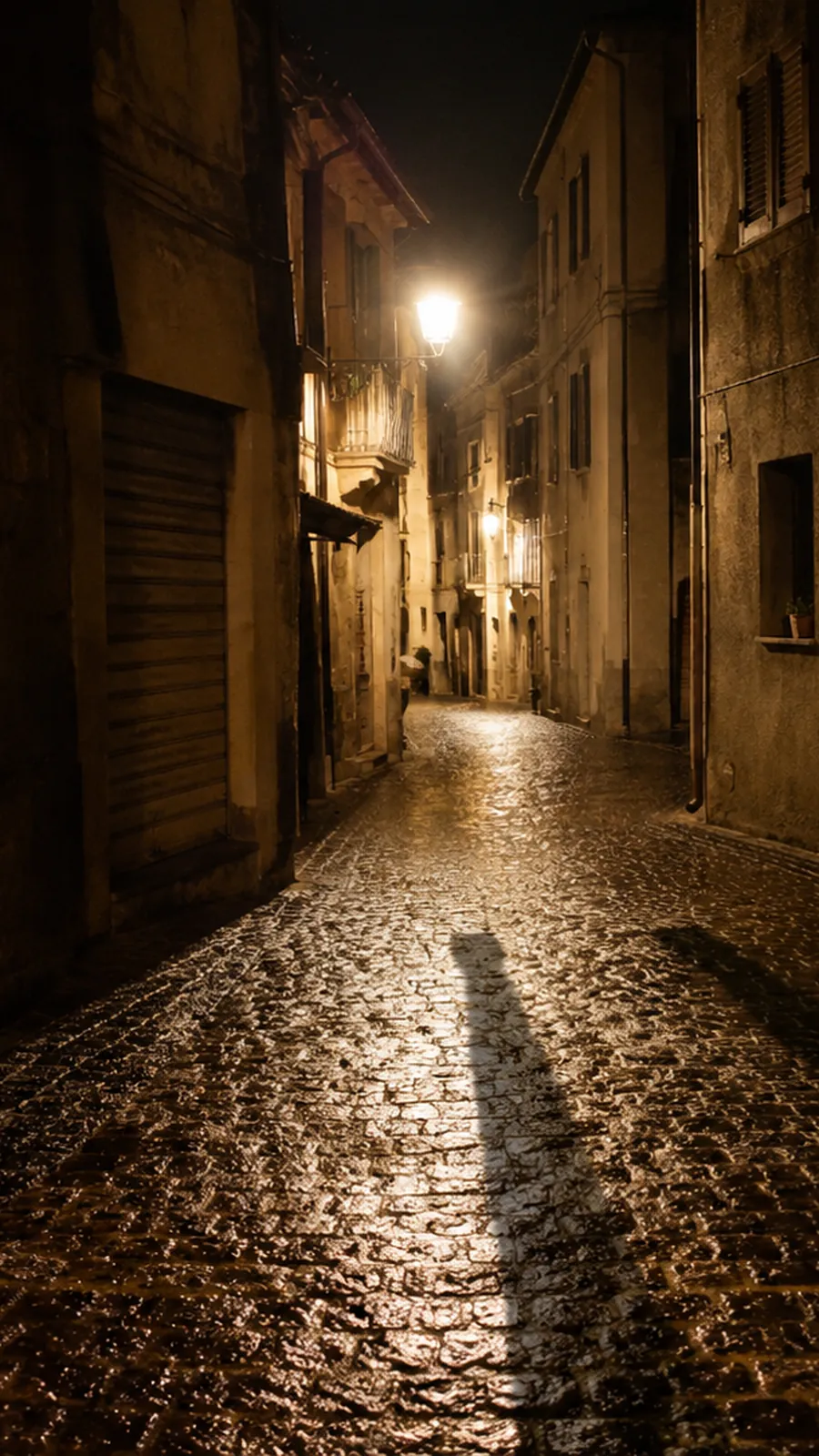 Vicolo acciottolato bagnato di notte con un lampione acceso